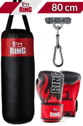 Zestaw bokserski dla dzieci: worek 80 x 30 cm 10 kg czarny + mocowanie + rękawice Fire