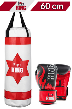 Zestaw bokserski dla dzieci: worek 60 cm biały + rękawice Fire