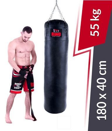 Worek bokserski Premium ze skóry naturalnej 180 x 40 cm 55 kg czarny