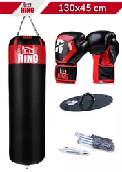 Zestaw bokserski: worek Kolos 130 x 45 cm czerwony + rękawice Battle + mocowanie owalne